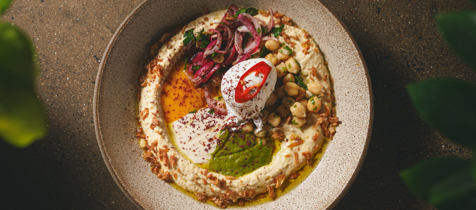 Hummus Bowl with poached egg at Amber brunch Aldgate East