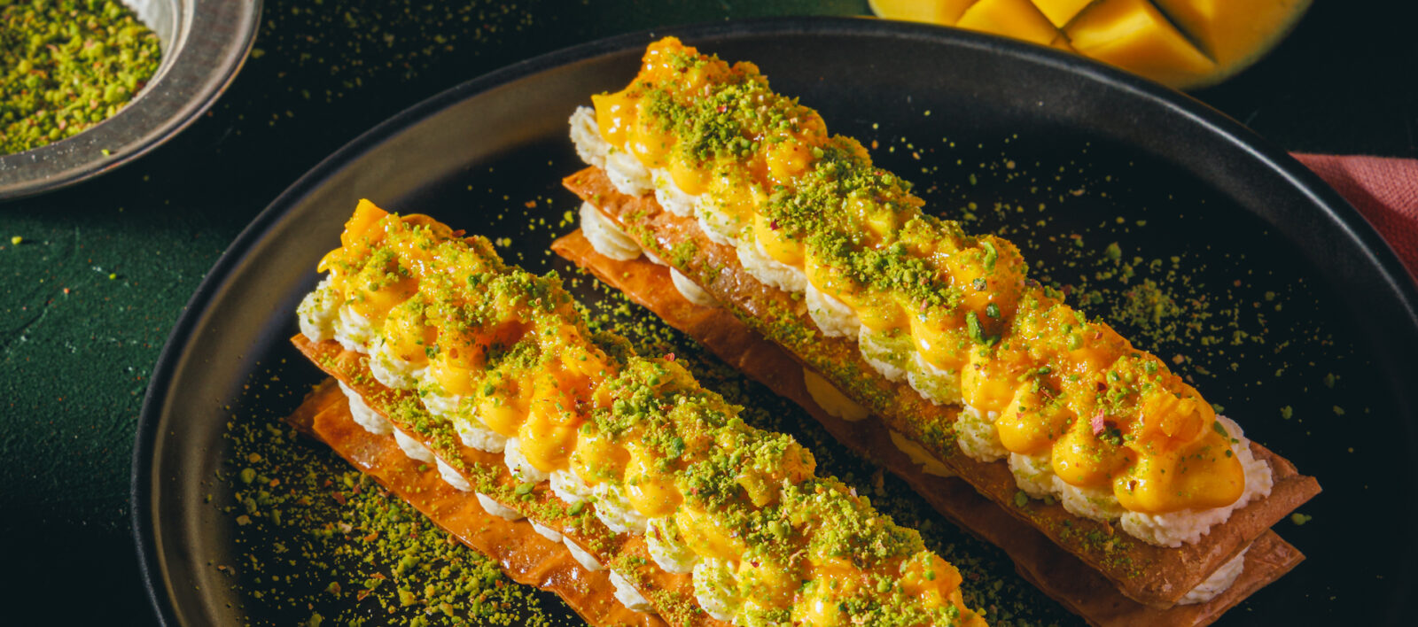 Mango Baklava with Mascarpone, Mango custard and Turkish Pistachios at Amber Aldgate East