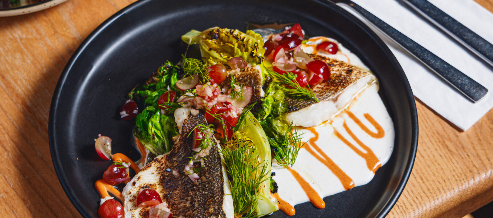 Seabass with macademia tahini at Amber dinner Aldgate East